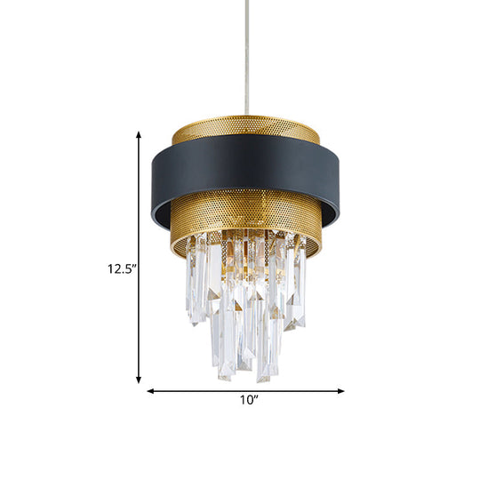 Retro Layered Hanging Lamp With Crystal Rod - 1 Bulb Suspension Lighting Circle Guard In Black &