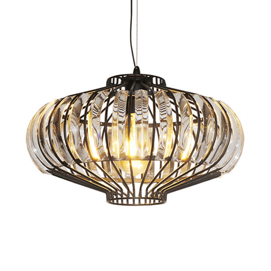 Vintage Black Crystal Pendant Ceiling Lamp With Lantern-Shaped Shade
