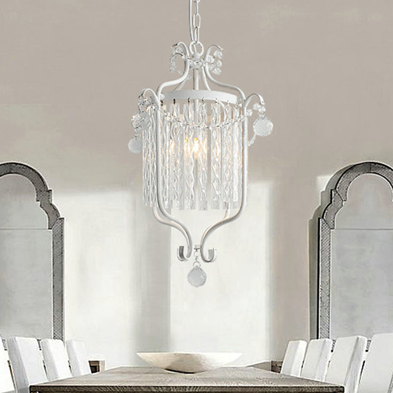 Retro Iron Single Scroll Frame Pendant Light - Black/White Suspension Lamp With Crystal Rod Drape