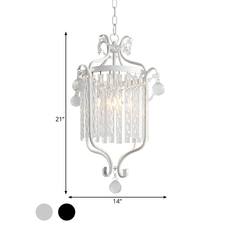 Retro Iron Pendant Light With Crystal Rod Drape - Scroll Frame Corridor Lamp (Black/White)
