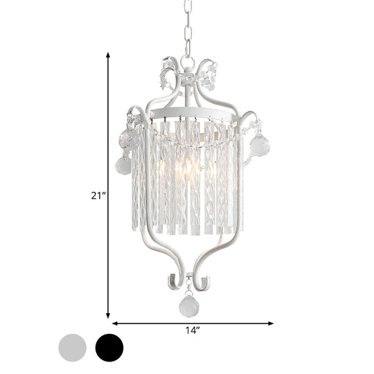 Retro Iron Single Scroll Frame Pendant Light - Black/White Suspension Lamp With Crystal Rod Drape