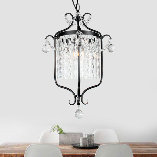 Retro Iron Pendant Light With Crystal Rod Drape - Scroll Frame Corridor Lamp (Black/White) Black