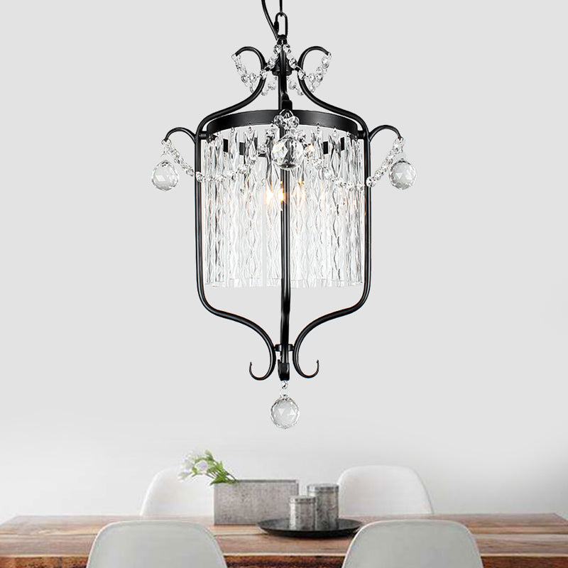 Retro Iron Single Scroll Frame Pendant Light - Black/White Suspension Lamp With Crystal Rod Drape