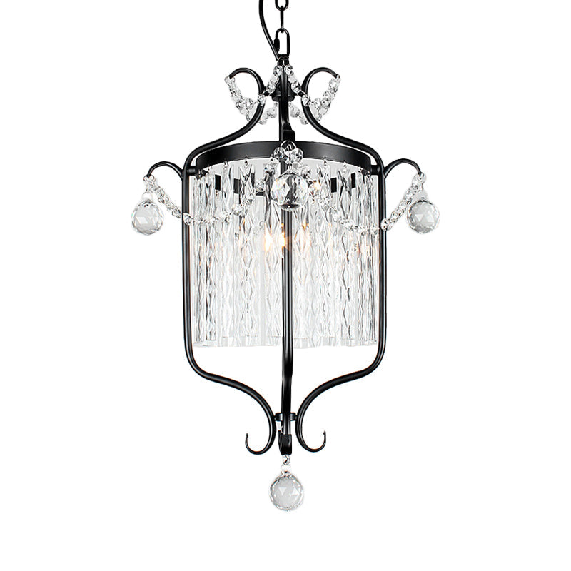 Retro Iron Pendant Light With Crystal Rod Drape - Scroll Frame Corridor Lamp (Black/White)