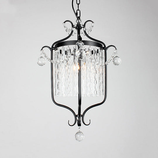 Retro Iron Pendant Light With Crystal Rod Drape - Scroll Frame Corridor Lamp (Black/White)