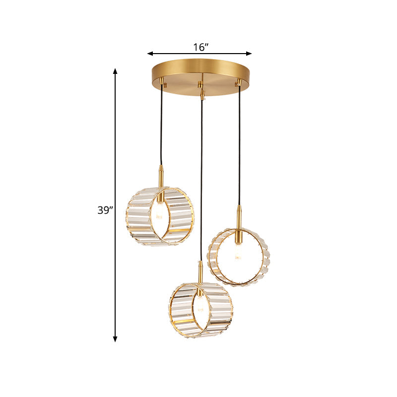 Brass Crystal Cluster Pendant Light - Minimalist Design Ribbed Clear Glass 3 Lights