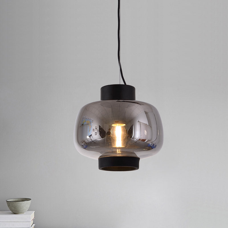 Suspension Lantern Light - Modern 1-Head Pendant In Smoke Gray/Cream/Cognac Glass For Living Room
