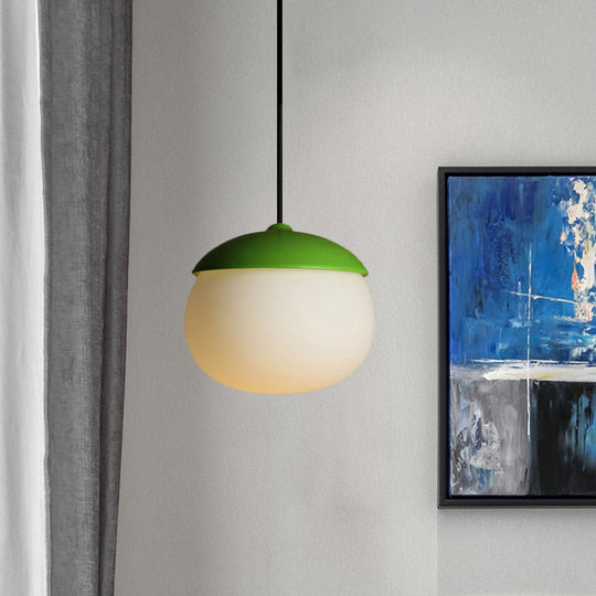 Modern White Glass Nut Pendant Lighting - 1-Light Green Hanging Lamp For Restaurants