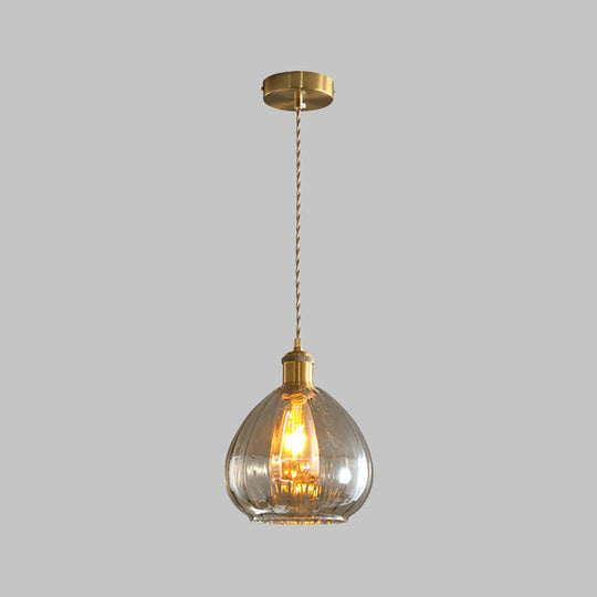 Vintage Gold Pendant Lamp With Amber Glass Shade - Dining Room Lighting Fixture