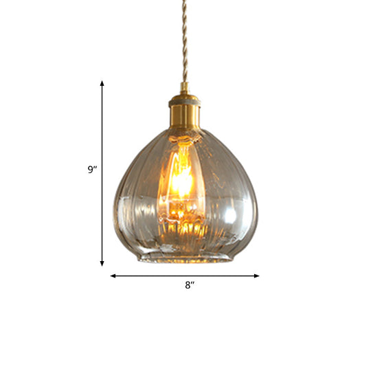 Vintage Gold Pendant Lamp With Amber Glass Shade - Dining Room Lighting Fixture