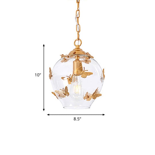 Clear Glass Bud Drop Pendant Light - Contemporary 1-Light Bedroom Suspension Lamp With Butterfly