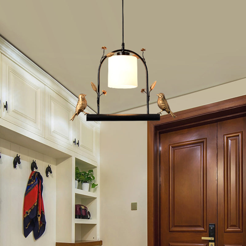 Modern Birdcage Ceiling Light: Black & Gold Pendant With Cream Glass Shade And Bird Decor