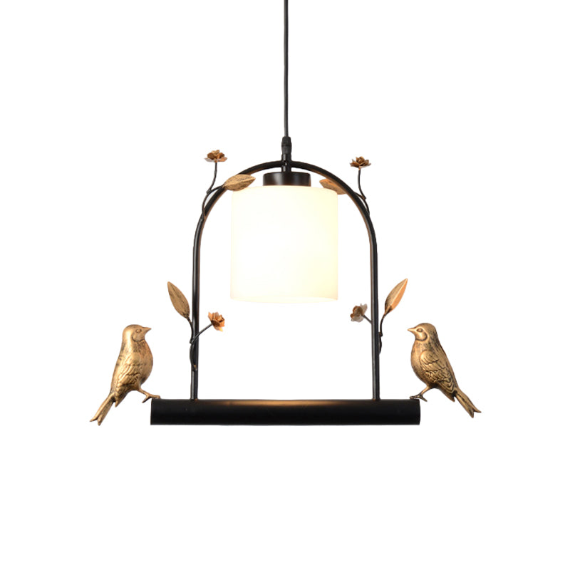 Modern Birdcage Ceiling Light: Black & Gold Pendant With Cream Glass Shade And Bird Decor