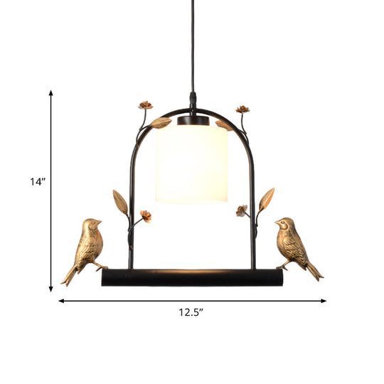 Modern Birdcage Ceiling Light: Black & Gold Pendant With Cream Glass Shade And Bird Decor