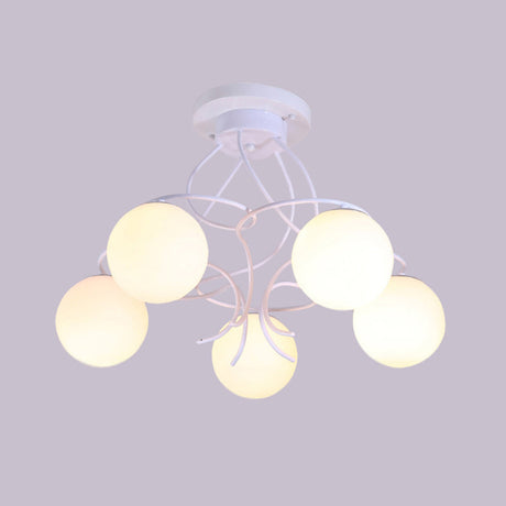 Modern Iron Swirling Semi Flush Ceiling Light With Opal Glass Shade - 5 Heads Black/White Finish