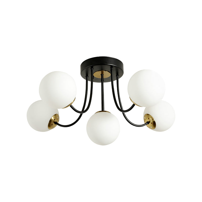Modern Semi - Flush Ceiling Light: Spherical Design White Frosted/Amber Glass 5 Bulbs | Bedroom