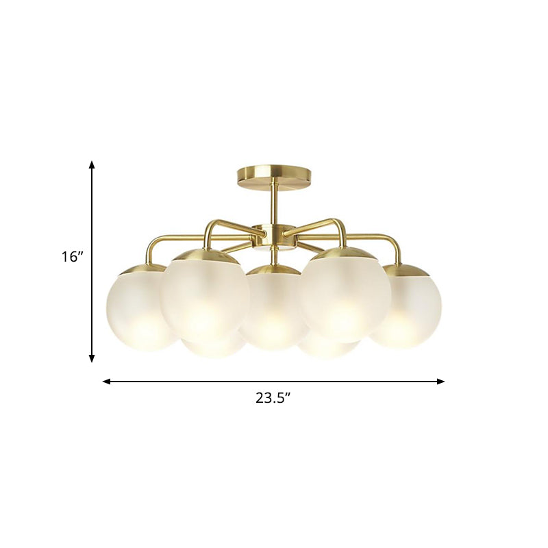 7 - Head Bedroom Semi Flush Brass Ceiling Lamp With Radial Postmodern Design And Ball Foggy Glass