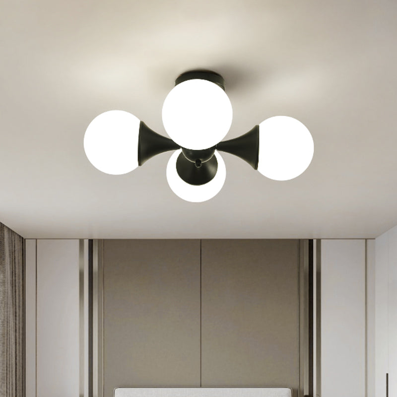 Modernist Flush Ceiling Lamp With Black Finish 4 - Bulb Semi Mount Lighting And Milk White Glass