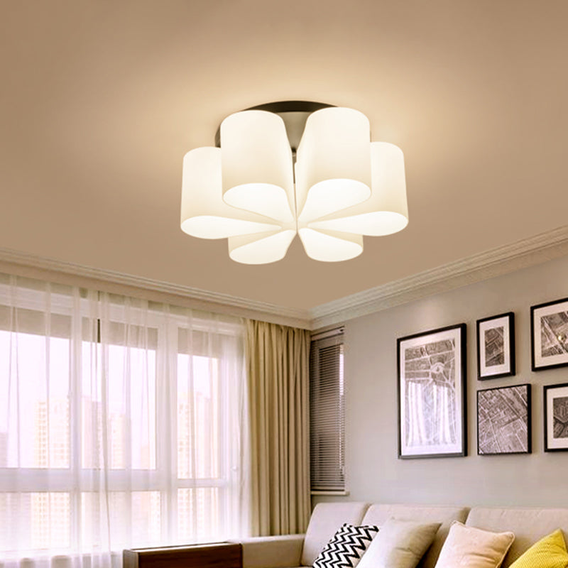Contemporary 6-Head Black Flush Mount: Flower Milk White Glass Lighting For Living Room
