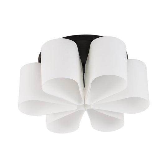 Contemporary 6-Head Black Flush Mount: Flower Milk White Glass Lighting For Living Room
