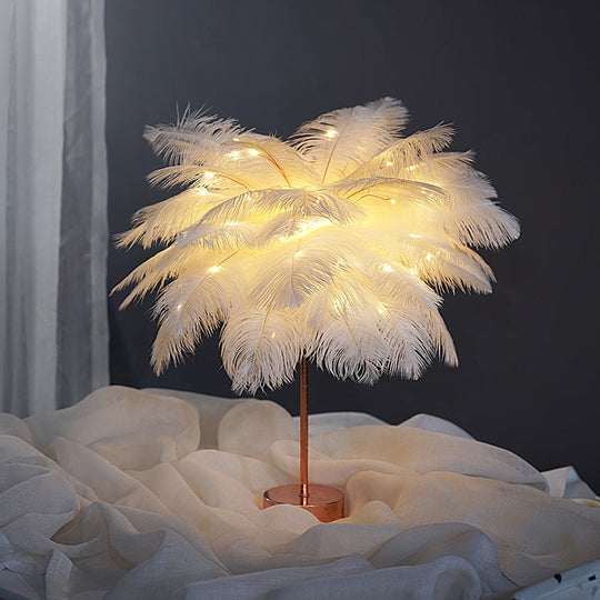 Stylish Pink/White Palmtree Night Lamp - Feather Battery Powered Led Table Light With Usb Charging