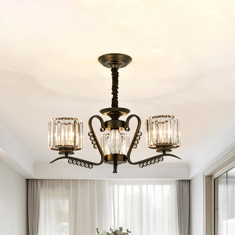 Modern Black Ceiling Chandelier With Crystal Cylinder Shade - 3/5 Heads Perfect For Living Rooms
