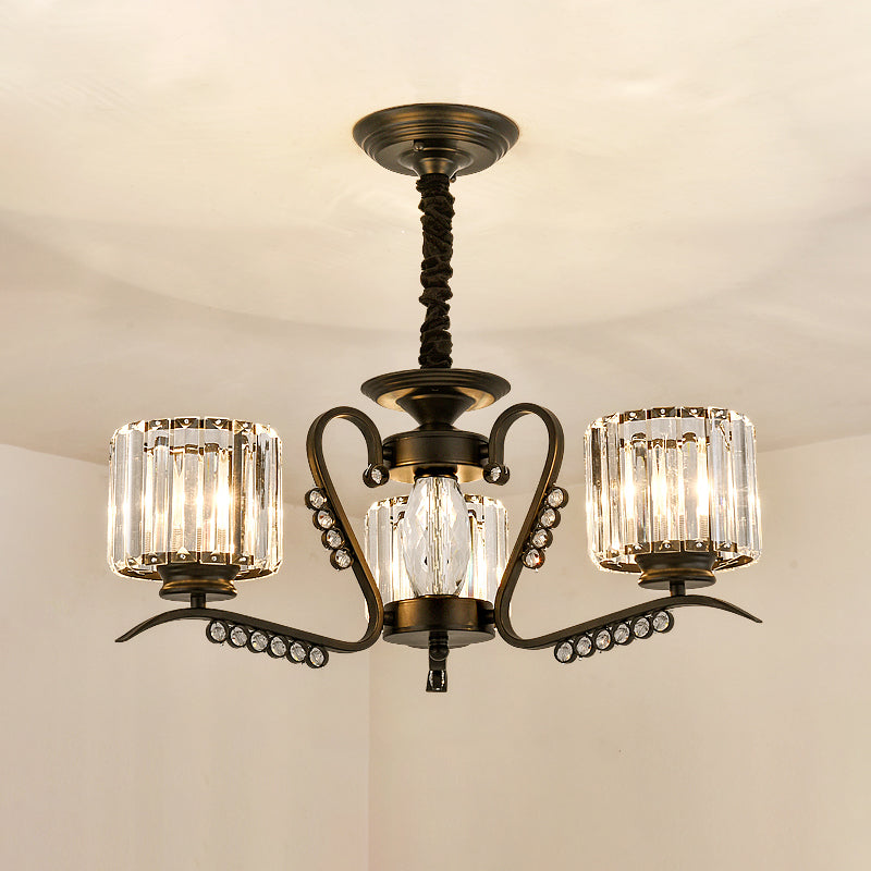 Modern Black Ceiling Chandelier With Crystal Cylinder Shade - 3/5 Heads Perfect For Living Rooms
