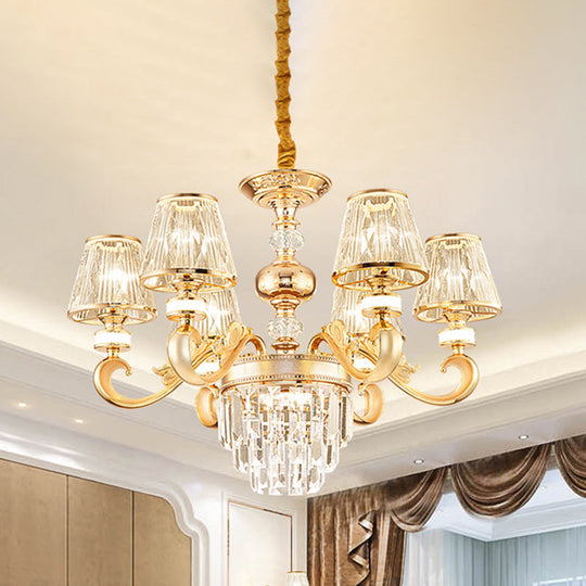 Modern 3-Tier Gold Crystal Chandelier With Conic Shade - 6/8 Heads Perfect For Living Room
