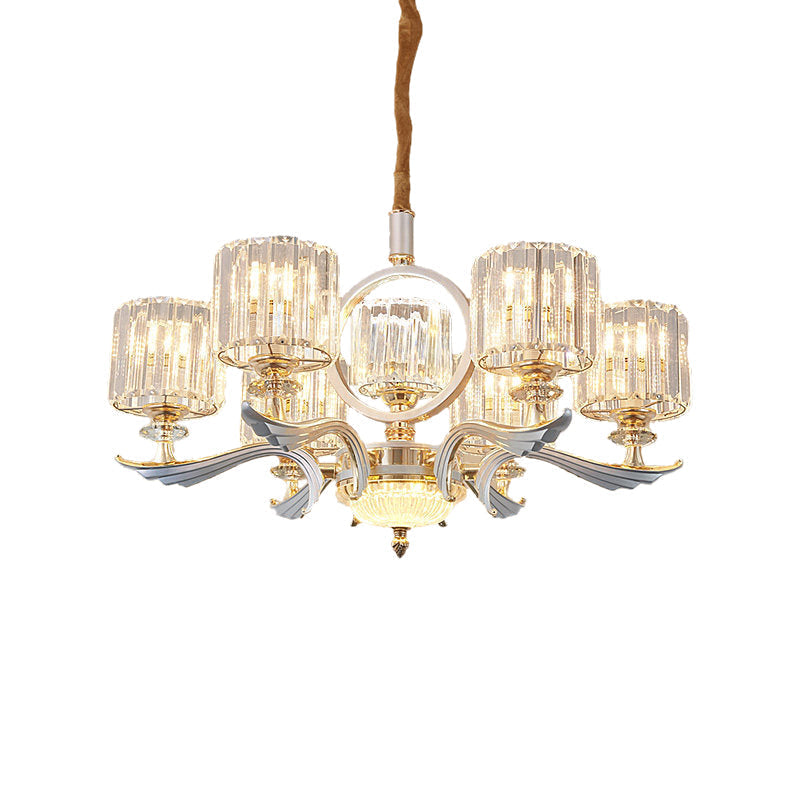Contemporary Crystal Block Cylinder Suspension Light Chandelier - Silver 6/8-Head Ideal For Dining