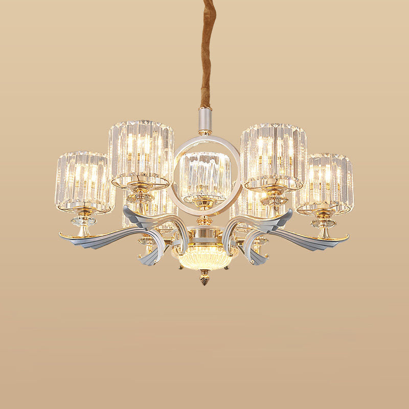 Contemporary Crystal Block Cylinder Suspension Light Chandelier - Silver 6/8-Head Ideal For Dining