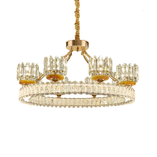 Modern Cylinder Crystal Chandelier Ceiling Light With Gold Ring - 6/8 Bulb Options