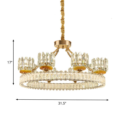 Modern Cylinder Crystal Chandelier Ceiling Light With Gold Ring - 6/8 Bulb Options