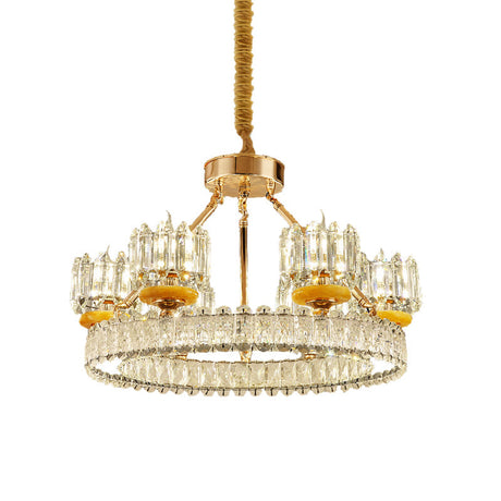 Modern Crystal Block Cylinder Chandelier With Gold Ring - 6/8 Bulb Ceiling Lamp For Living Room