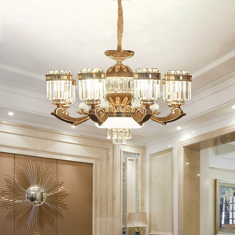 Modern 6/8-Light Gold Chandelier Pendant With Crystal Block Shade For Living Room Ceiling