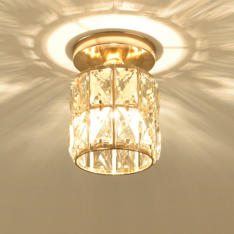 Minimalistic Led Flushmount Lighting: Cylinder/Globe Shaped Crystal Lamp Gold-Finished