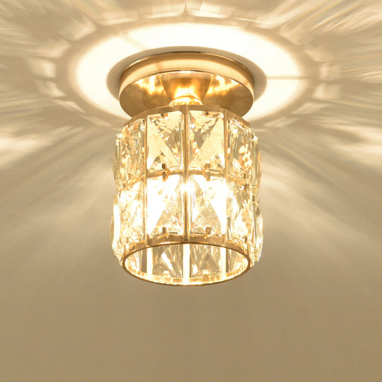 Minimalistic Led Flushmount Lighting: Cylinder/Globe Shaped Crystal Lamp Gold-Finished