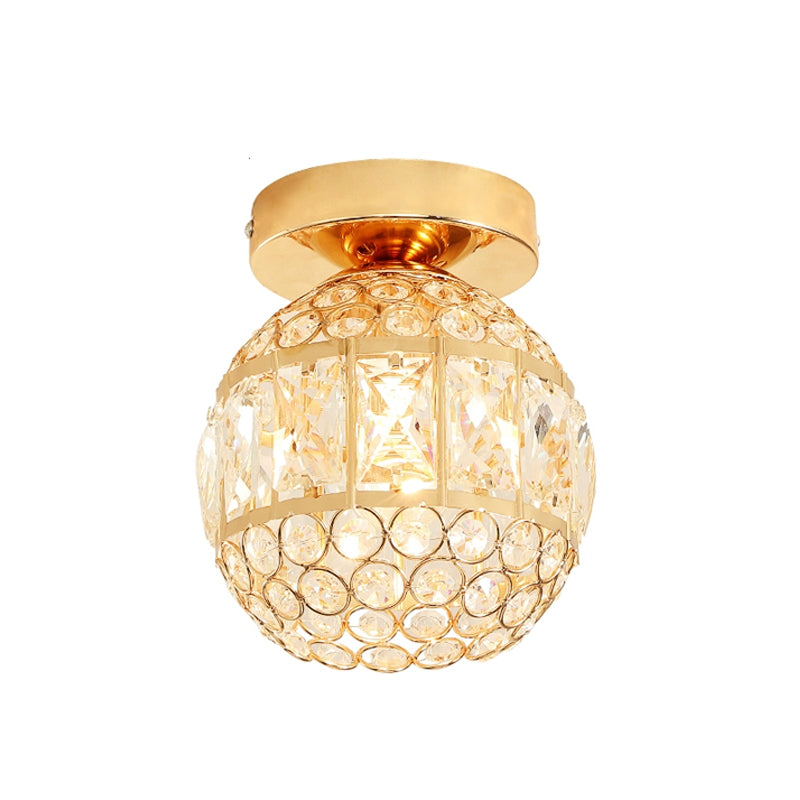 Minimalistic Led Flushmount Lighting: Cylinder/Globe Shaped Crystal Lamp Gold-Finished