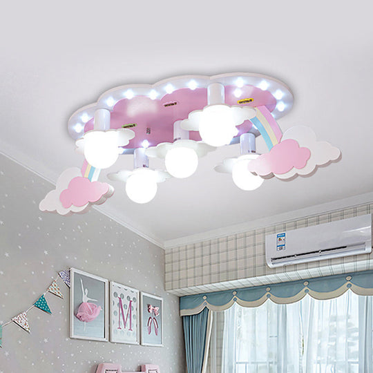 Rainbow Girls Wood Ceiling Lamp: Pink 5-Light Cartoon Flush Mount With Open Bulb Design