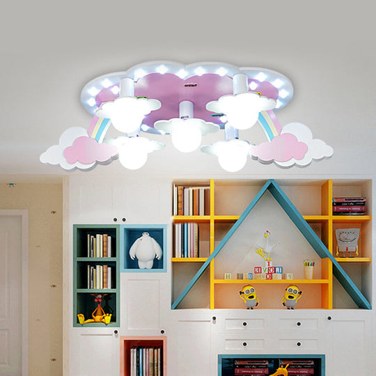 Rainbow Girl’s Wood Ceiling Lamp: Pink 5 - Light Cartoon Flush Mount With Open Bulb Design