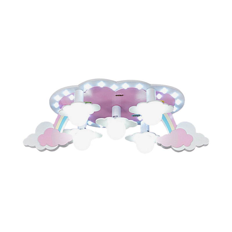 Rainbow Girls Wood Ceiling Lamp: Pink 5-Light Cartoon Flush Mount With Open Bulb Design