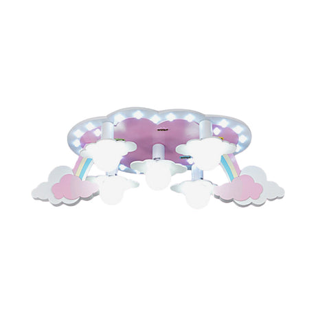 Rainbow Girls Wood Ceiling Lamp: Pink 5-Light Cartoon Flush Mount With Open Bulb Design
