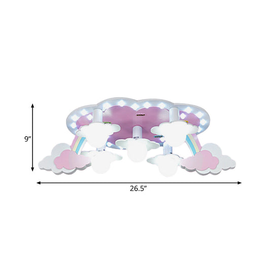 Rainbow Girl’s Wood Ceiling Lamp: Pink 5 - Light Cartoon Flush Mount With Open Bulb Design