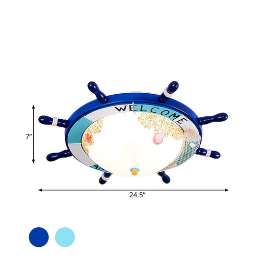 Flush Mount Wood Ship Rudder Led Ceiling Light In Mediterranean Blue/Light - Blue With Matte Glass