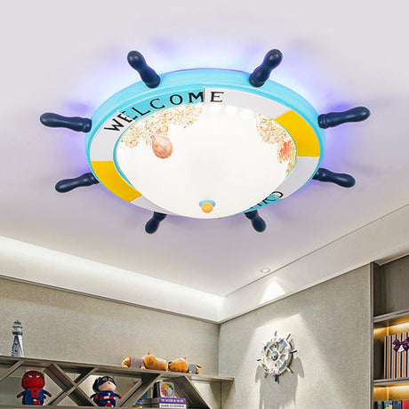 Flush Mount Wood Ship Rudder Led Ceiling Light In Mediterranean Blue/Light-Blue With Matte Glass