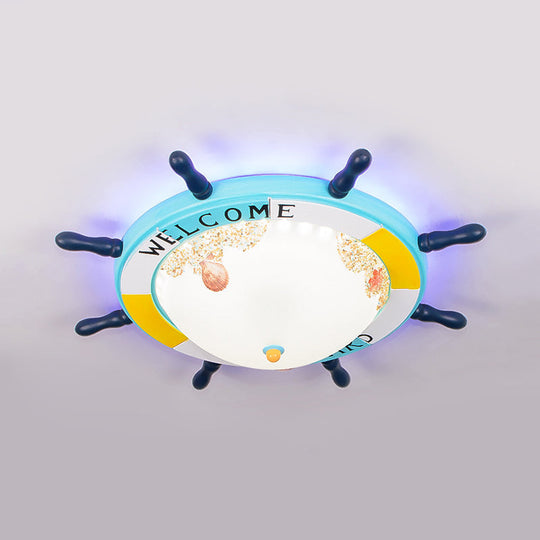 Flush Mount Wood Ship Rudder Led Ceiling Light In Mediterranean Blue/Light-Blue With Matte Glass