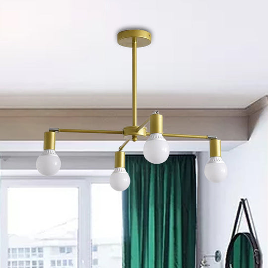 Gold Radial Metal Chandelier With Hanging Lights For Bedroom - Modern Design Bare Bulb