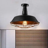 Black Vintage Metal Cage Ceiling Light Semi Flush Mount Indoor 1-Head Lighting With Barn Shade -