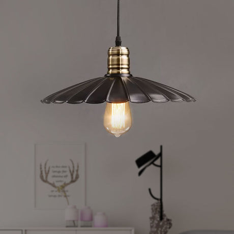 Vintage Scalloped Iron Pendant Light Fixture - 1-Light Adjustable Cord Black/White 10/12 Wide