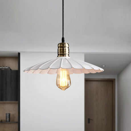 Vintage Scalloped Iron Pendant Light Fixture - 1-Light Adjustable Cord Black/White 10/12 Wide