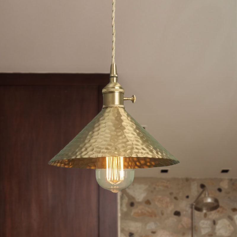Vintage Suspension Pendant Light With Metallic Brass/Gold Finish - 7’/8.5’ Conical Shade 1-Light